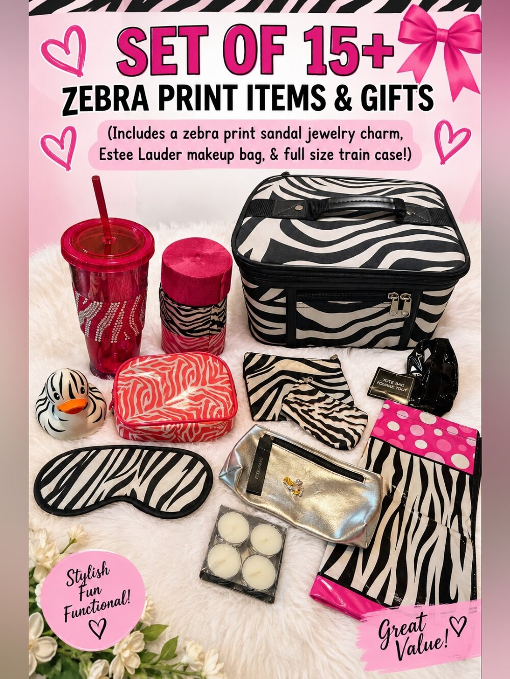 15PC SET ZEBRA PRINT GIFTS (INCLUDING JEWELRY, TRAIN CASE & ESTEE LAUDER BAG!)